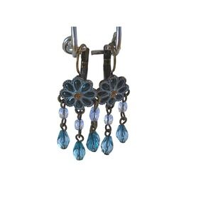 Vintage Style Bronze Floral Chandelier Earrings Enamel Aqua Blue Beaded Drop